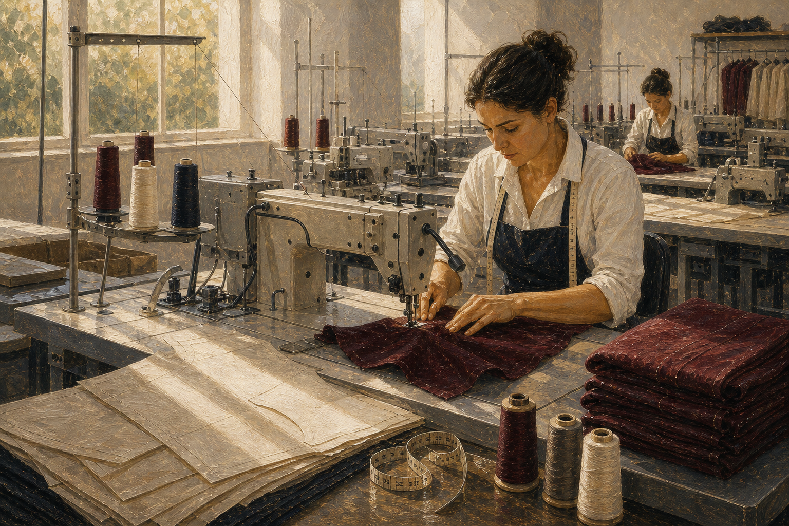 Pintura a óleo de corte, costura e acabamento de roupa em uma produção organizada com maquinário industrial